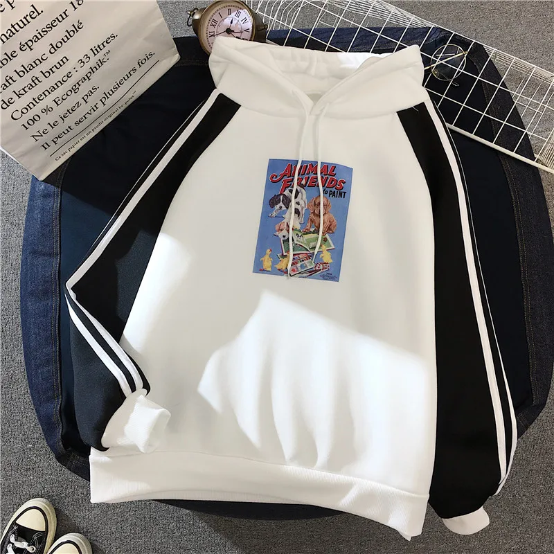 Толстовки женские Ulzzang мультфильм полосатый рукав зимние теплые мягкие Kawaii печатных женщин s с капюшоном корейский стиль кофты Harajuku - Цвет: 6829 black