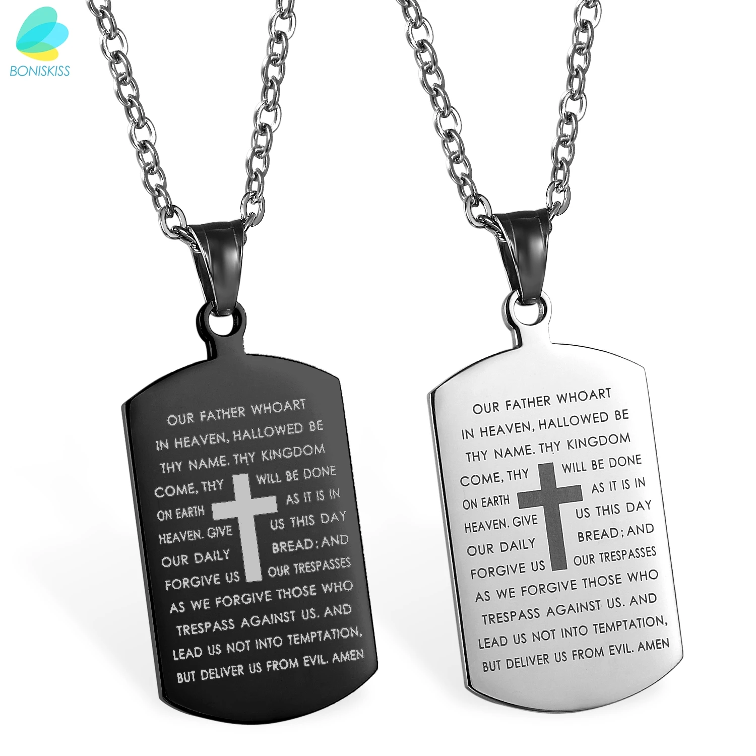 

BONISKISS 316L Men's Stainless Steel Necklace Croos Lord's Prayer Bible Engraved Pendant Tag Man Long Suspension Chain Jewelry