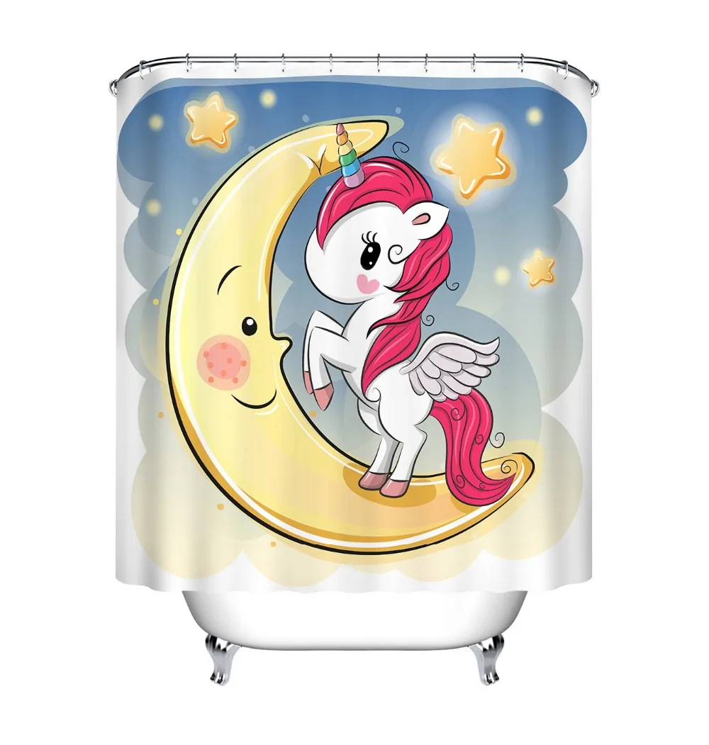 LB Cute Cartoon Unicorn Girl on Moon Star Extra Long Shower Curtains Bathroom Waterproof Polyester Fabric For Kids Bathtub Decor | Дом и сад