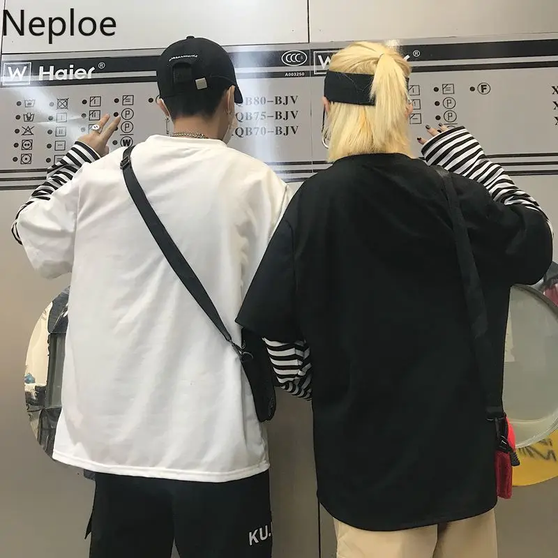 Neploe Harajuku футболка с длинным рукавом Женская принт в стиле пэчворк полоску О