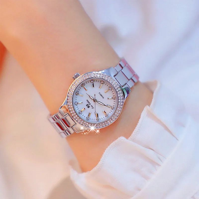 Женские часы с кристаллами BS модные кварцевые из нержавеющей стали под платье