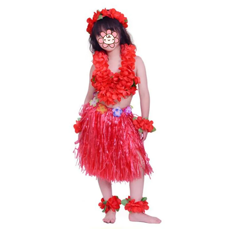 Hawaii Flower Lei, повязка на голову, ожерелье с гирляндой хула, повязка на ногу, юбка с травой, бюстгальтер, детский летний праздничный костюм для девочек