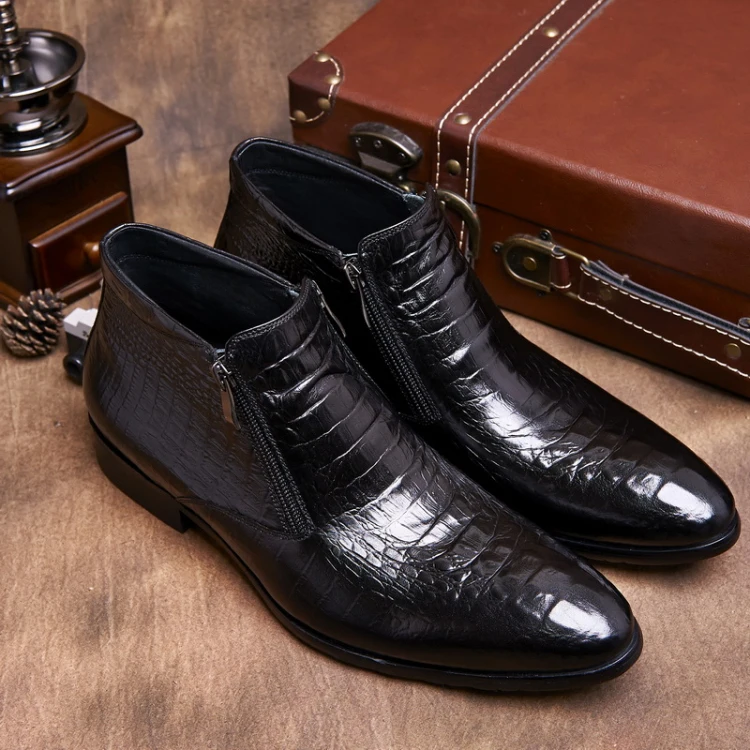 

2018 Man Crocodile Grain brown tan / black mens ankle boots embossed genuine leather dress boots autumn mens wedding shoes