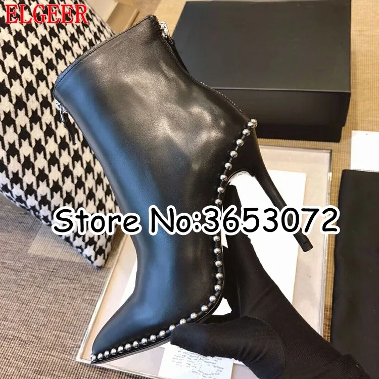 Pointy Toe Stiletto Studs Embellished Women Ankle Boots Black Leather Zipper Gladiator Motorycle botas mujer High Heels | Обувь