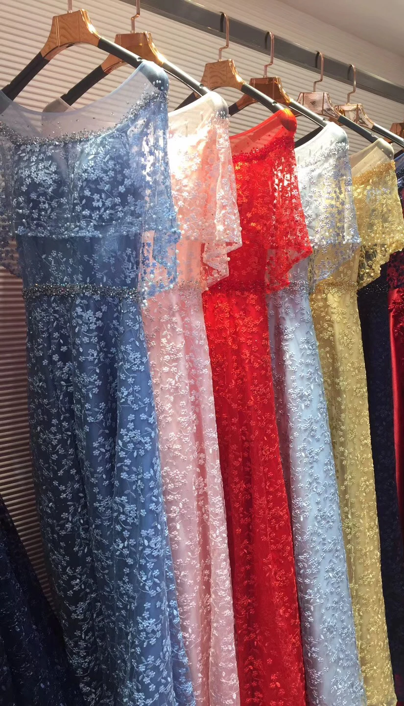Женское вечернее платье SSYFashion серое/синее кружевное длиной до пола с вышивкой и