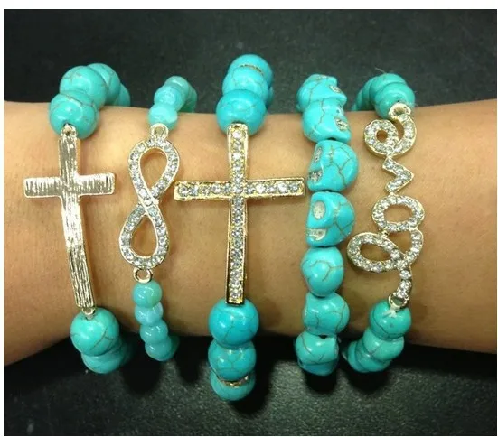 ARM CANDY SET OF 5 stacked bracelet sideway Cross Infinity Skull Love Gold Turquoise wholesale Min order is $10|candy rhinestones|bracelet