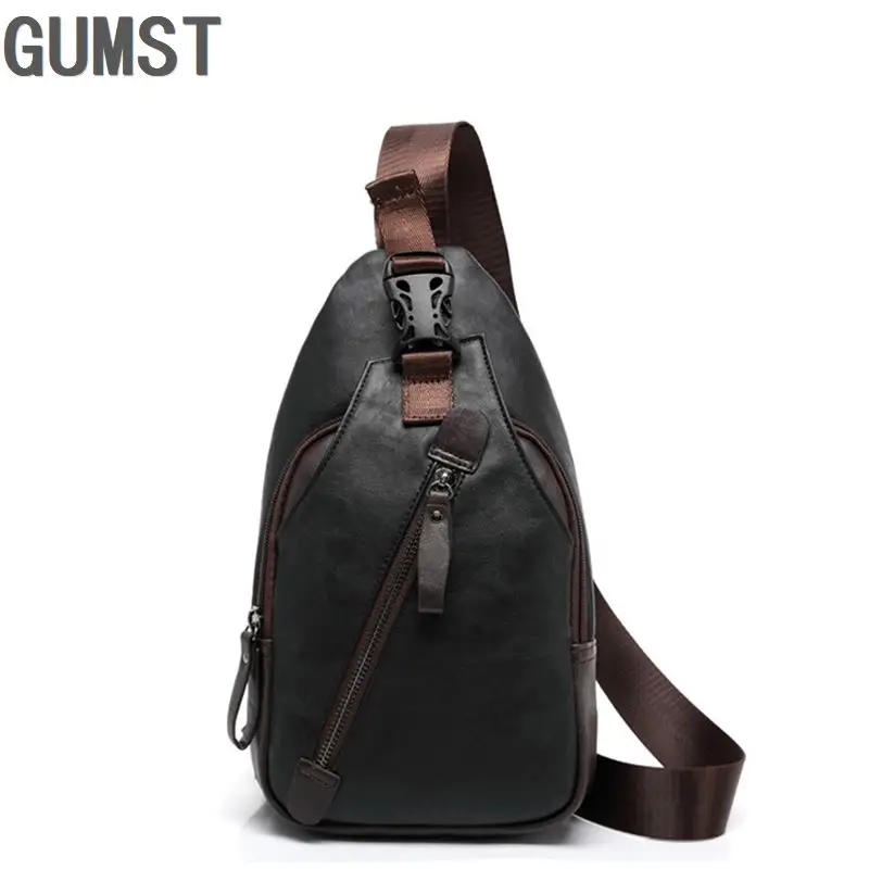 

GUMST Vintage Men PU Leather Chest Bag Casual Zipper Sling Chest Packs Travel Small Fanny bags Black 18*5*31 cm