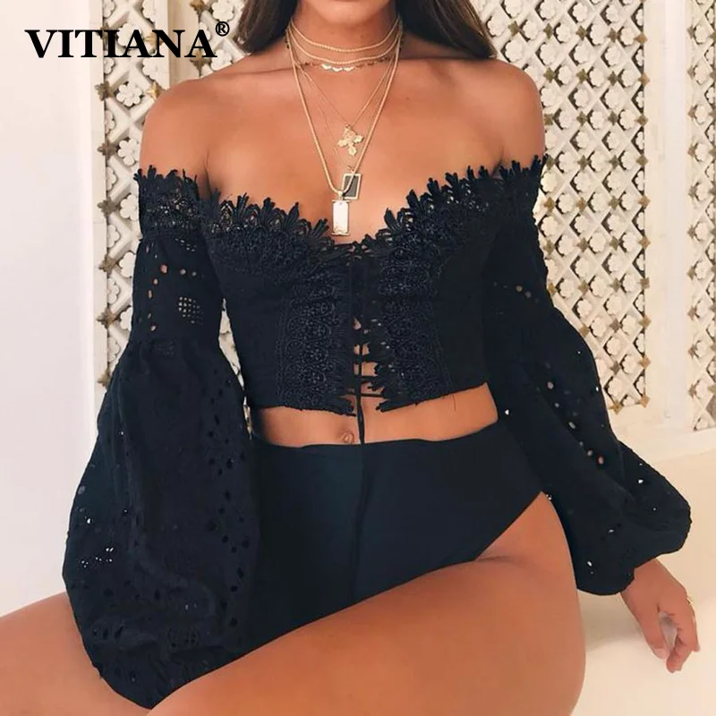 VITIANA Women Sexy Beach T-Shirt Summer 2019 Female Long Sleeve Short Shirts Slash Neck Strapless Street Wear TShirt Ladies Tees | Женская