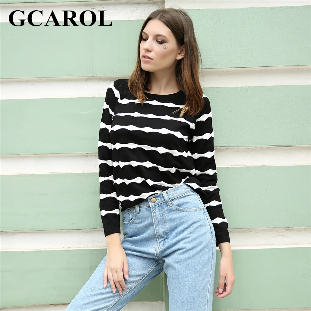 GCAROL Fall Winter New Wave White Striped Women Sweater High Quality Stretch Knitted Pullover Casual Basics Perfect Knit Tops | Женская
