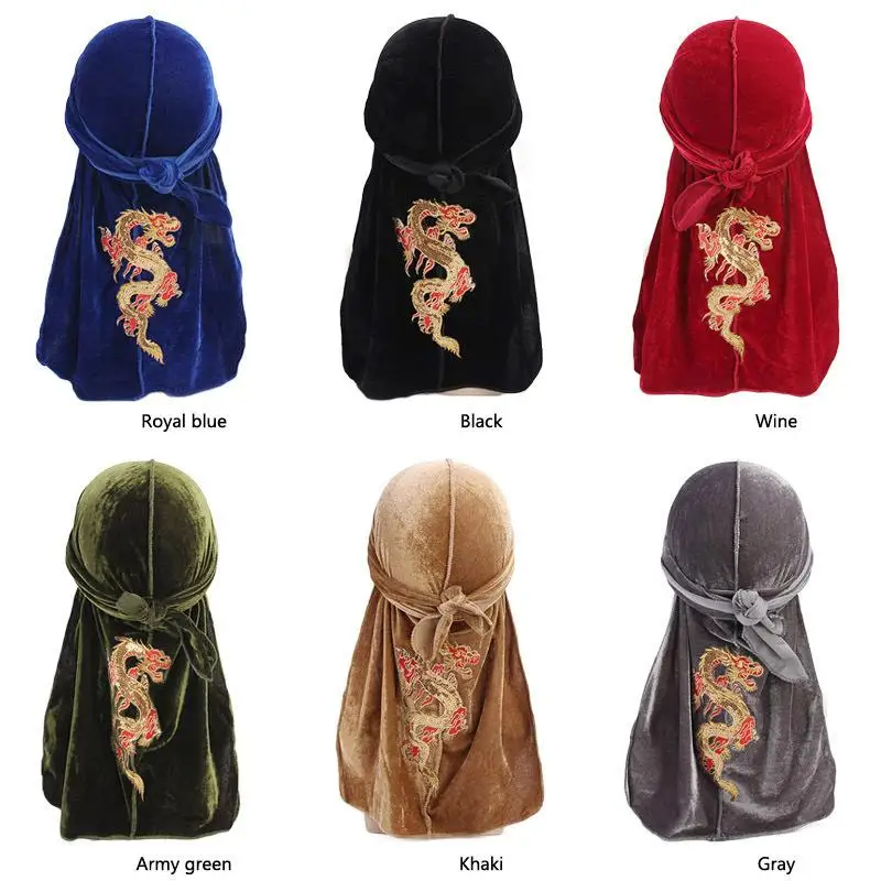 12PCS Long Tail Pirate Head Cap Fashion Dragon Pattern Velvet Elastic Durag Headwrap Women and Men Turban Bandanas Random Color