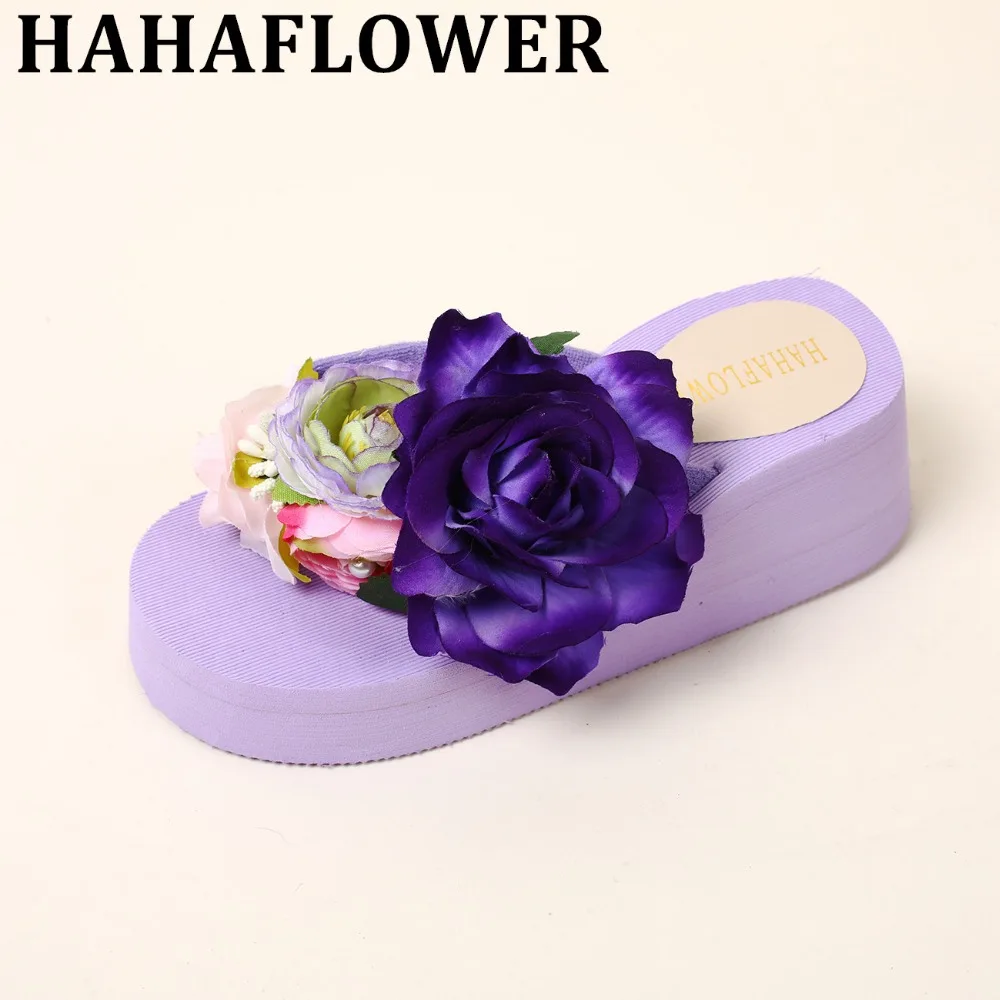 

HAHAFLOWER Woman Summer Taro Purple Flower Thick Slope With Word Drag Beach Vacation Travel Lady Sandals Shoes