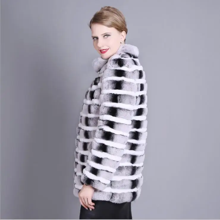 Length 70CM Natural Chinchilla Rex Rabbit Fur Coat Jacket Women's Winter Warm Stand Collar Striped Outerwear enlarge