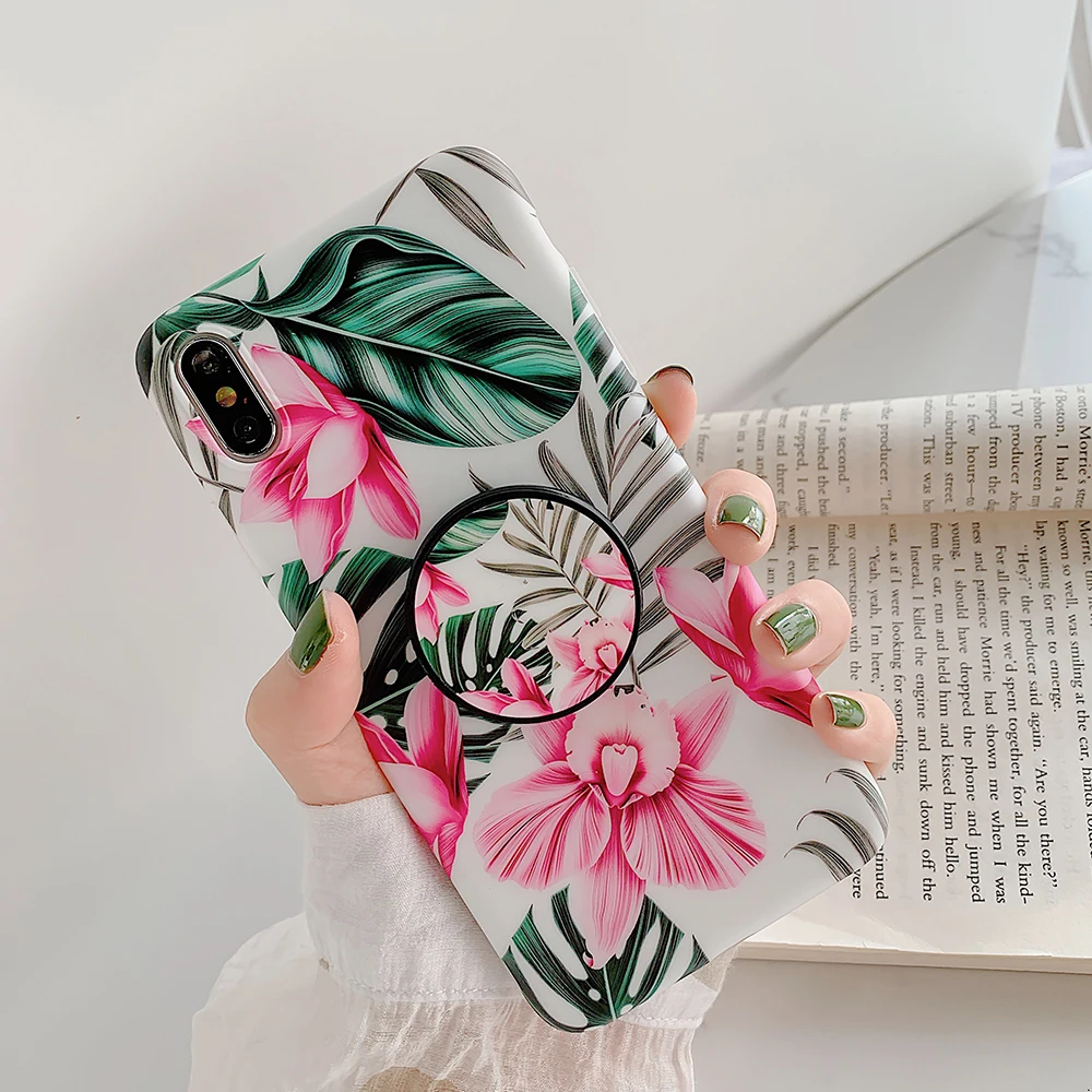 b(With Kickstand) LOVECOM Ретро цветок лист стрейч держатель чехол для телефона для iPhone 11 Pro Max XR XS Max 7 8 6 Plus чехол мягкий IMD Телефон задняя крышка - Цвет: b(With Kickstand)