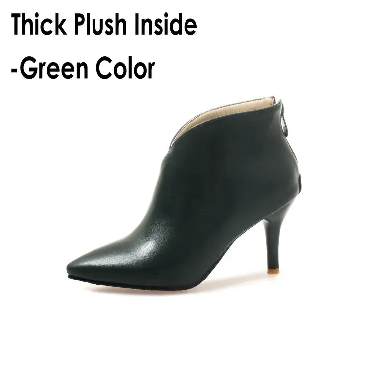 green-thick plush Sianie Tianie/ женские ботинки с острым носком и v-образным вырезом; обувь на тонком высоком каблуке; женские ботильоны размера плюс 47 48; сезон зима-осень-весна - Color: green-thick plush