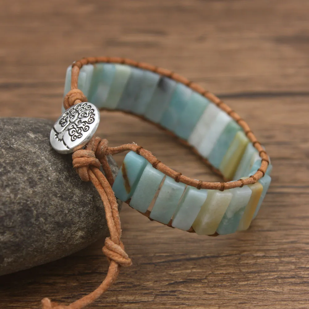 Boho кожаный шнур для драгоценностей браслет женщин из амазонита и бисера Прямая