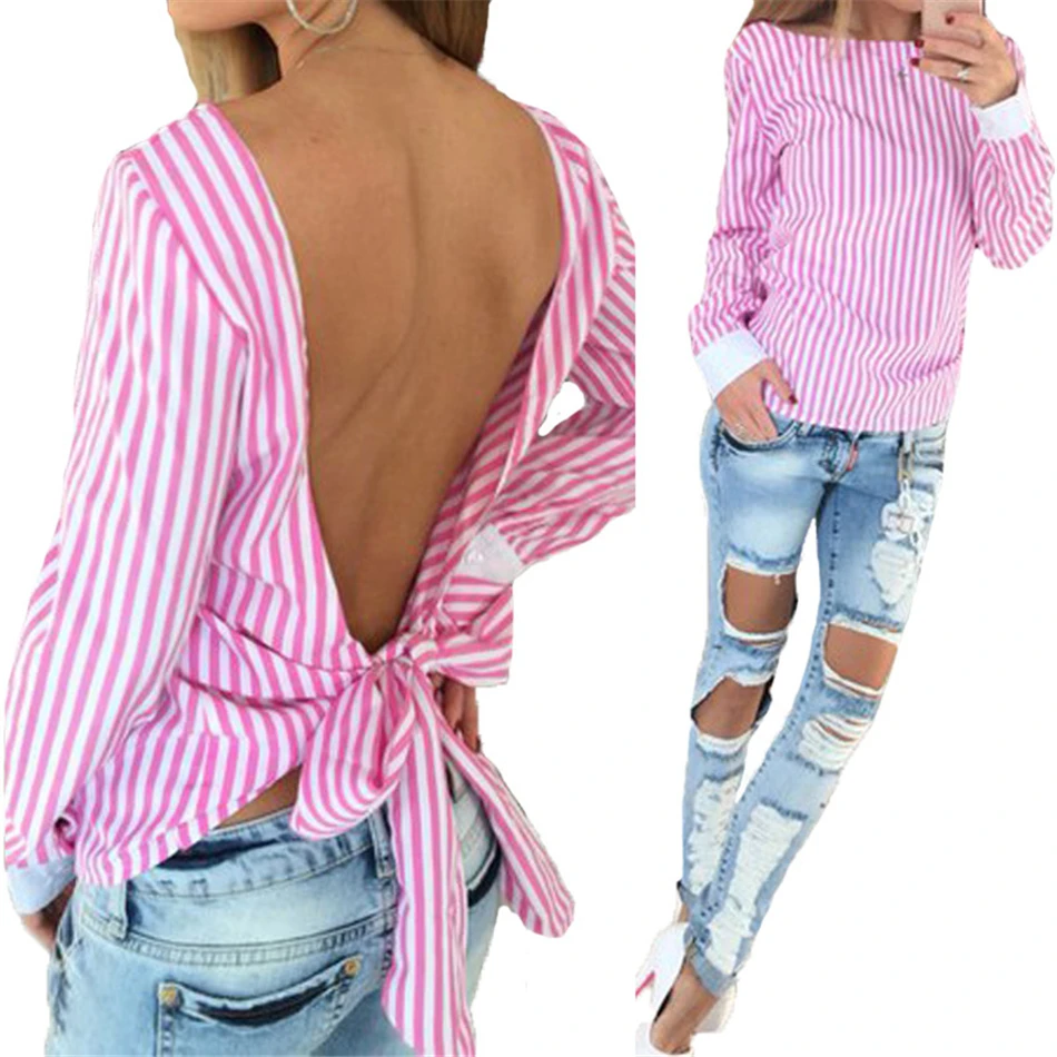 Sexy Backless Striped Loose Women Blouses Shirt O-neck Long Sleeve Blue Pink Tops Tee blusa feminina |