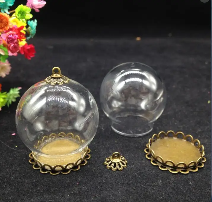 

10sets/lot 30*20mm glass globe display with antique bronze/silver findings double lace tray glass bubble DIY glass vials pendant