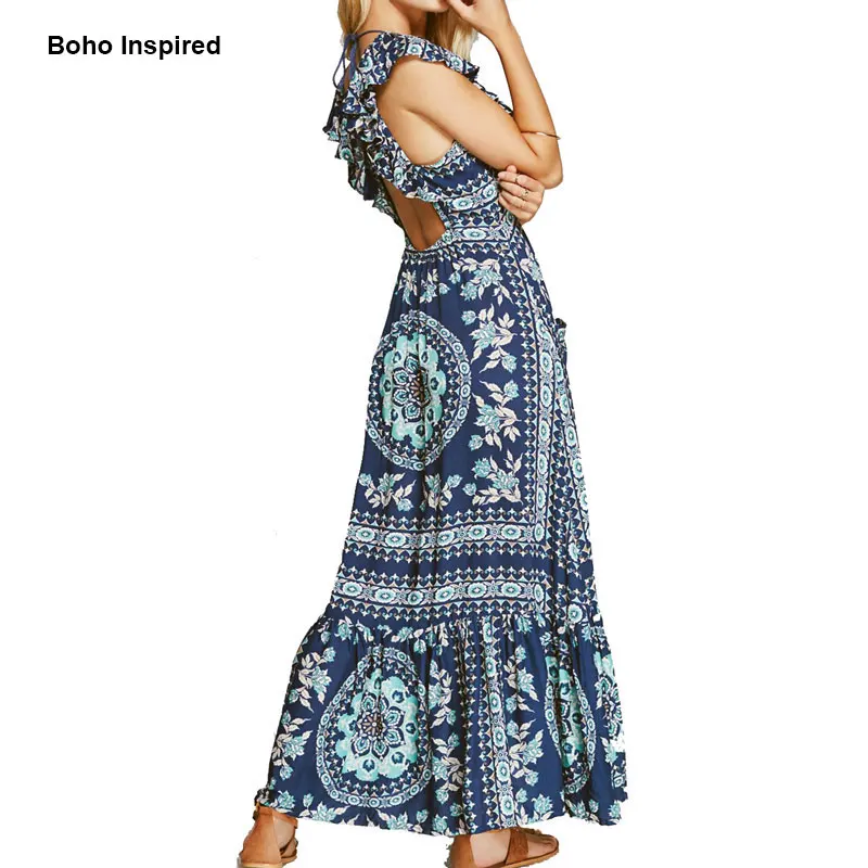 maxi blue Boho Insiredblue с цветочным принтом летние платья костюм с сексуальным вырезом и открытой спиной, сексуальное Для женщин макси платье без рукавов с длинными кисточками платье в стиле Boho-Chic Vestido - Цвет: maxi blue
