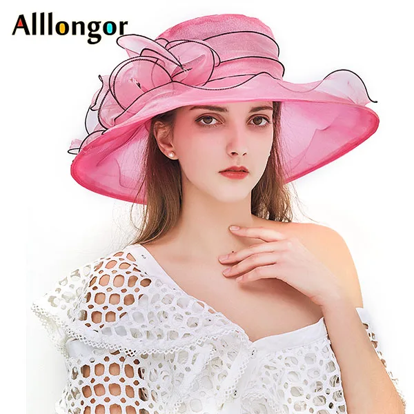Chapeau Femme Mariage Цветочные федоры Женская церковная чародейная шляпа бант ведро Свадебная шляпа Боулер Дерби широкий пляжный навес шляпы от солнца - Цвет: color4-Watermelon