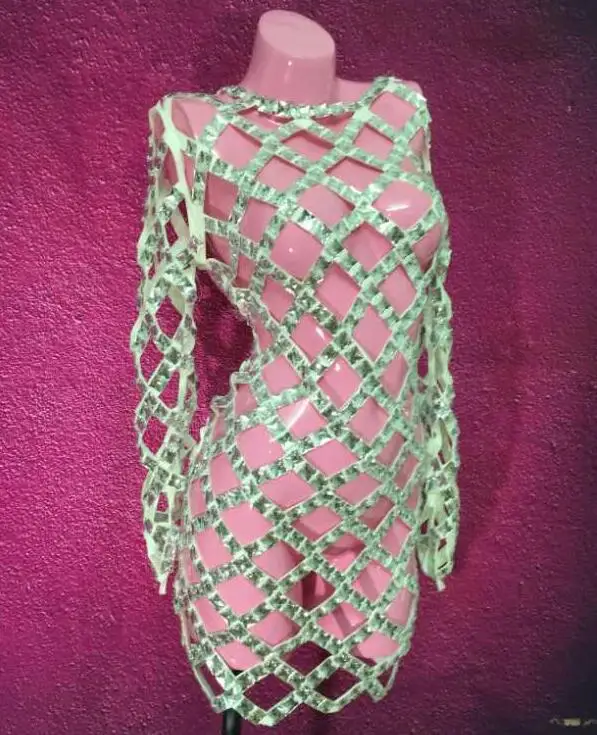 Большие блестящие камни стрейч полые платье Женский певец танцор костюм цельное