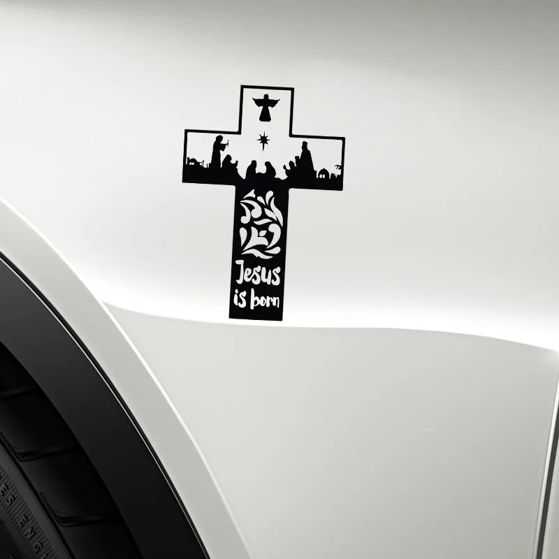 YJZT 11.1*16.3CM Иисус родился - Ангел защищает наклейку на автомобиль черного/серебряного цвета, силуэтная наклейка с красивым дизайном, покрывающая кузов C20-1492.