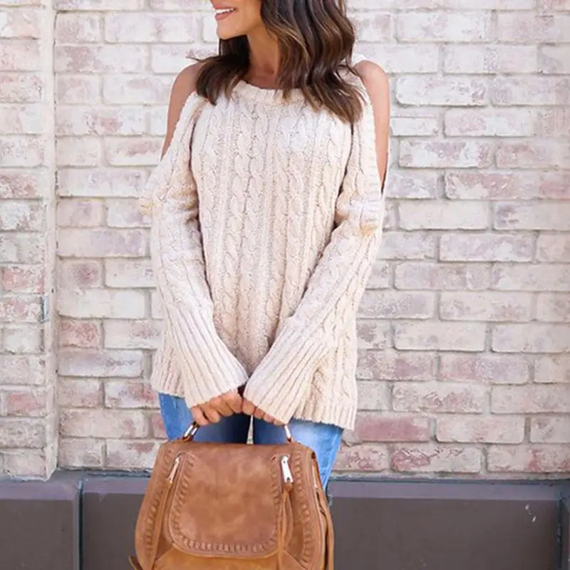 Open Shoulder Knitted Long Sleeve Women Pullovers Loose Twist Sweaters Casual Autumn Winter casacas para mujer christmas sweater | Женская