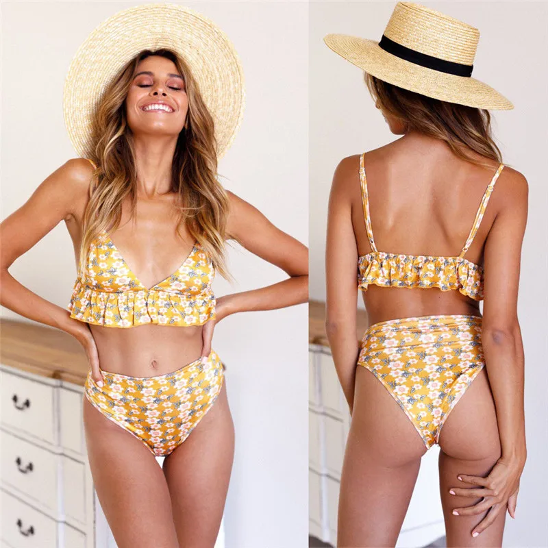 Женский купальник-бикини с высокой талией купальник цветочным принтом и