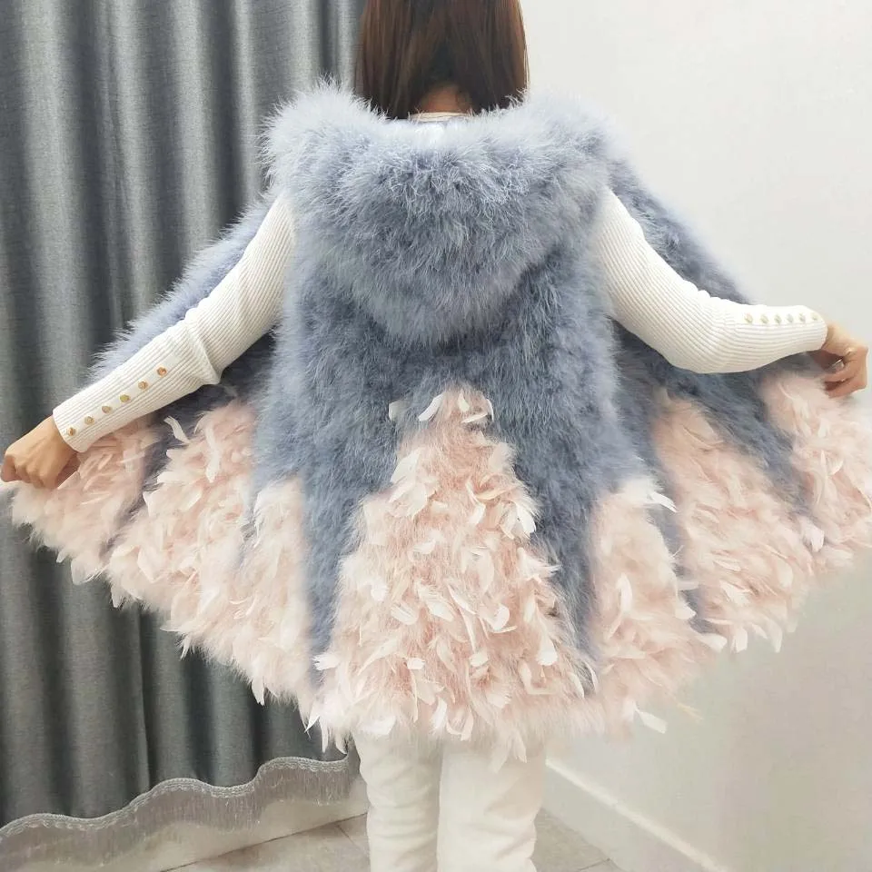 Women spring and autumn ostrich feather vest expansion bottom medium-long fur small fresh turkey feather hooded waistcoat female