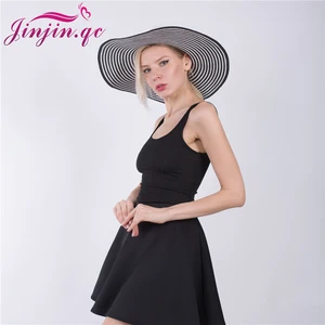 Jinjin.QC 2019 Fashion Hepburn Wind Black White Striped Bowknot Summer Sun Hat Beautiful Women Straw Beach Hat Large Brimmed Hat