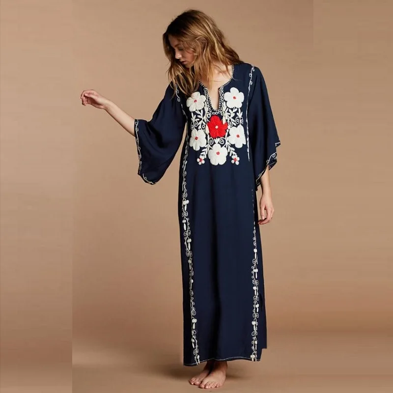 Женский пляжный сарафан с мексиканской вышивкой Свободные повседневные женские