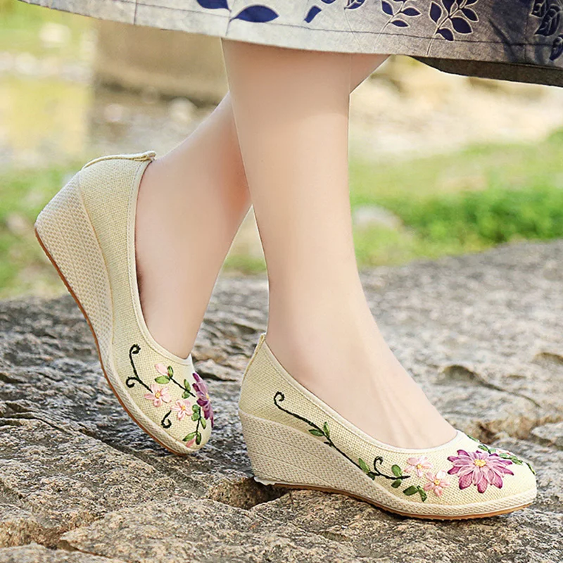 Сезон весна осень женские туфли лодочки на танкетке парусиновые высоком каблуке