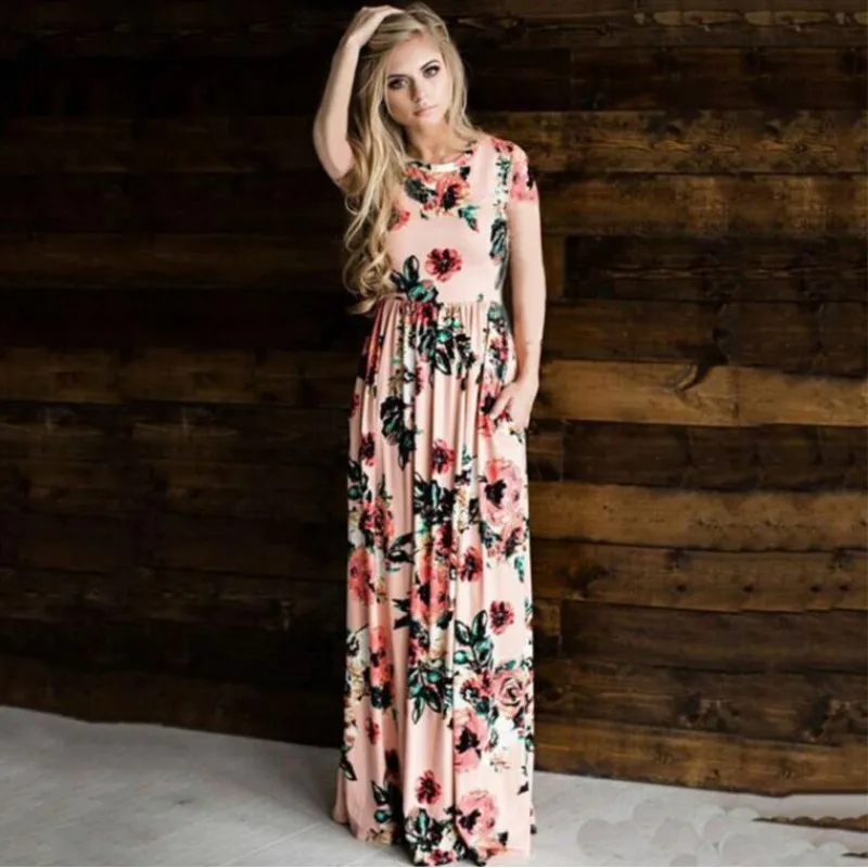 Vestidos женское летнее пляжное платье с цветочным принтом коротким рукавом Boho Maxi
