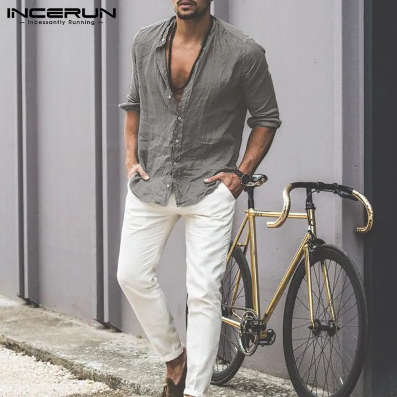INCERUN Новая мужская рубашка воротник-стойка с длинным рукавом простая Camisa Masculina Уличная Повседневная шикарная Свободная рубашка мужская плюс размер