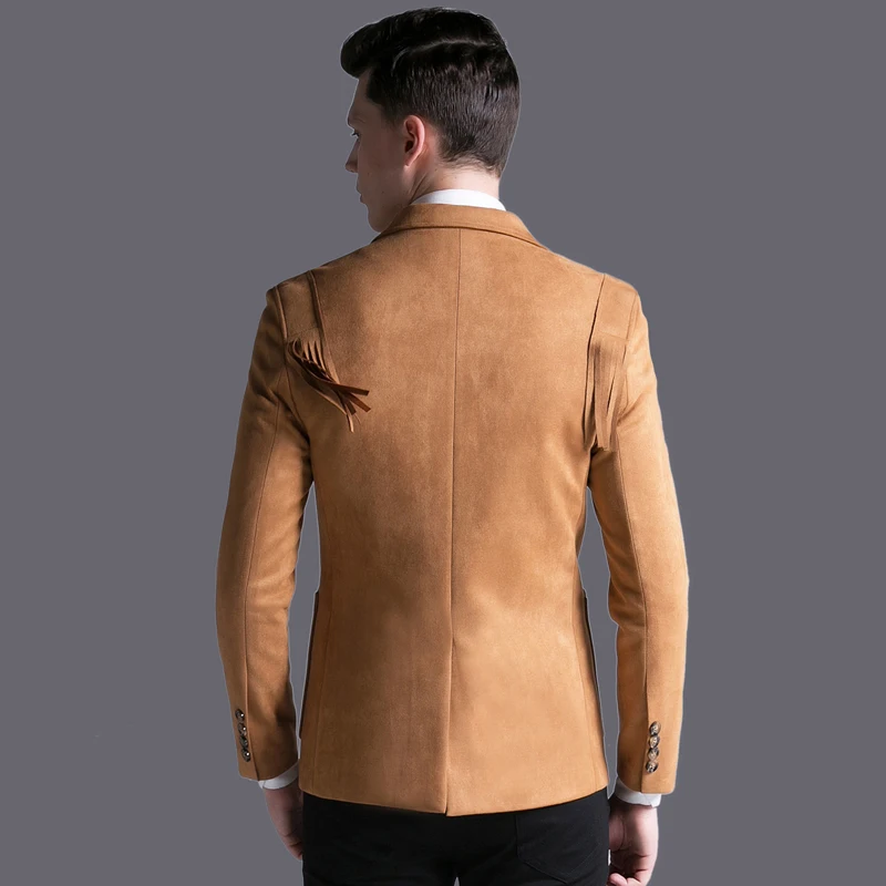 Мужской замшевый Блейзер на одной пуговице с бахромой|blazer for men|fashion blazer mensuede |