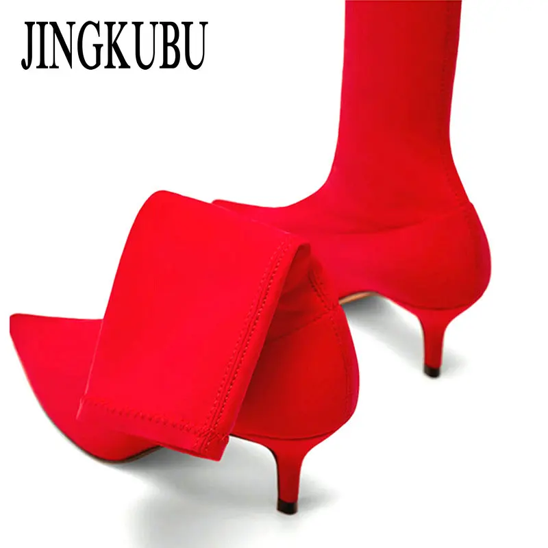 JINGKUBU 2018 новые женские ботинки носки с острым носком эластичные высокие без
