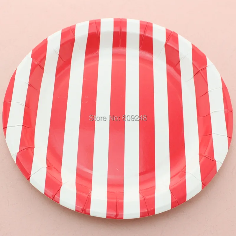 

24pcs 9" Designer Birthday Christmas Red Striped Paper Plates Round Disposable Party Dessert Paper Dishes Wholesale