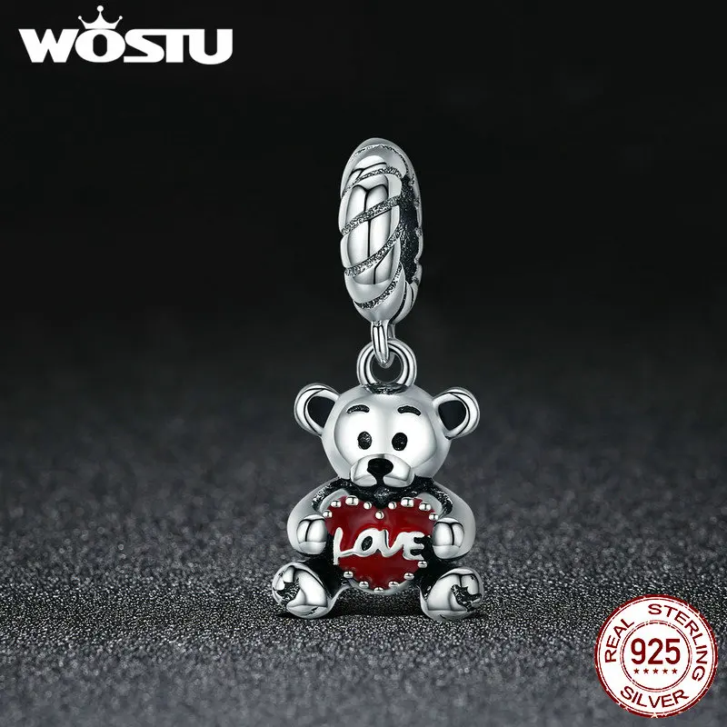 WOSTU 100% Серебряная коллекция животных маленький Медвежонок с любовью шарм