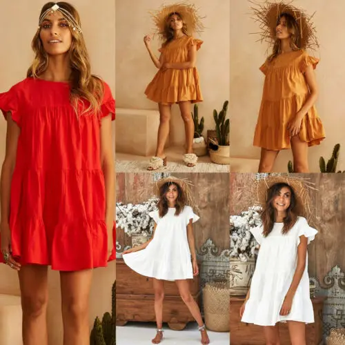 Женское платье с коротким рукавом Boho повседневное летнее мини-платье оборками и
