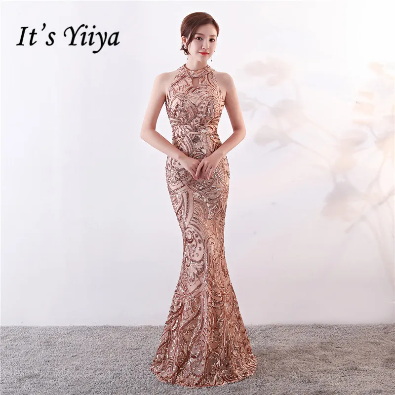 

It's Yiiya evening dress Sequined Halter Trumpet Sleeveless Party dresses floor-length zipper back long Mermaid prom gowns C160