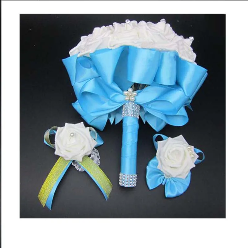 Комплект из 2 предметов букет и корсаж бутоньерка синий невесты de Mariage белый