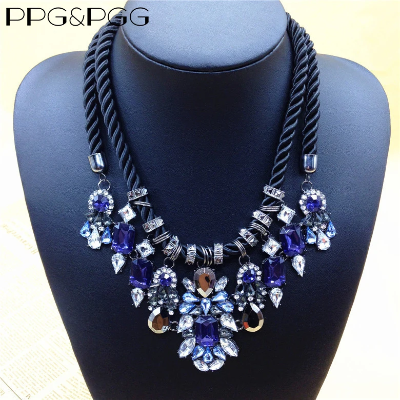 Женское винтажное ожерелье чокер Синий Красный Кристалл Стразы Черная веревка