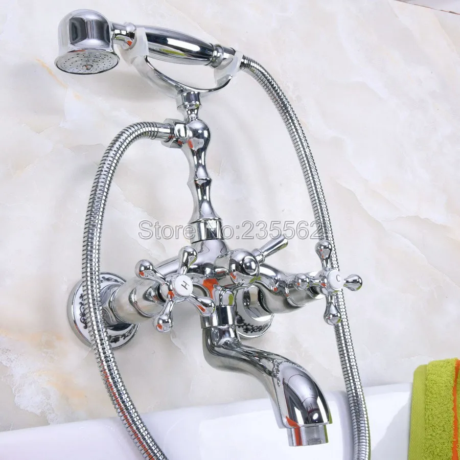 

Chrome Wall Mounted Clawfoot Bathtub Faucet Set with Handheld Shower Mixer Taps lna195