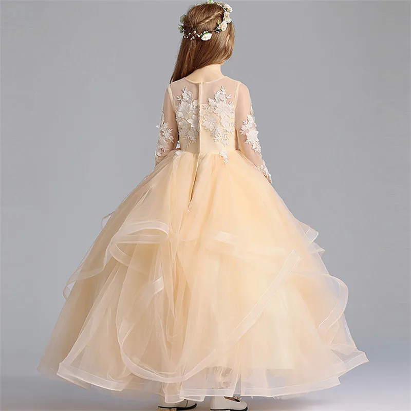 

2020 Summer Spring Luxury Exquisite Children Girls Appliques Flowers Champagne Birthday Wedding Party Host Princess Long Dress
