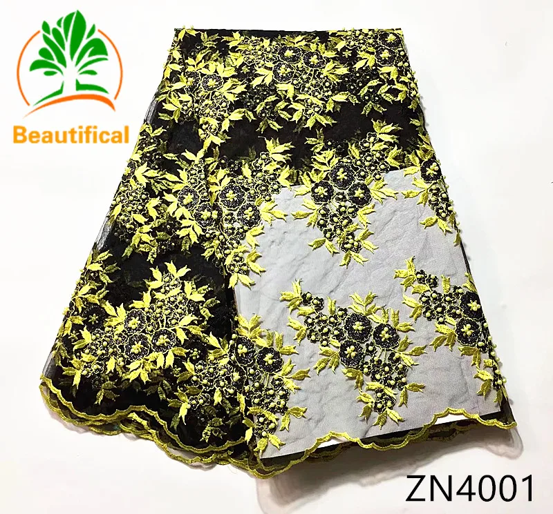 Beautiful African Net lace fabric 5yards embroidery flower beaded yellow+black african tulle for wedding ZN40 | Дом и сад