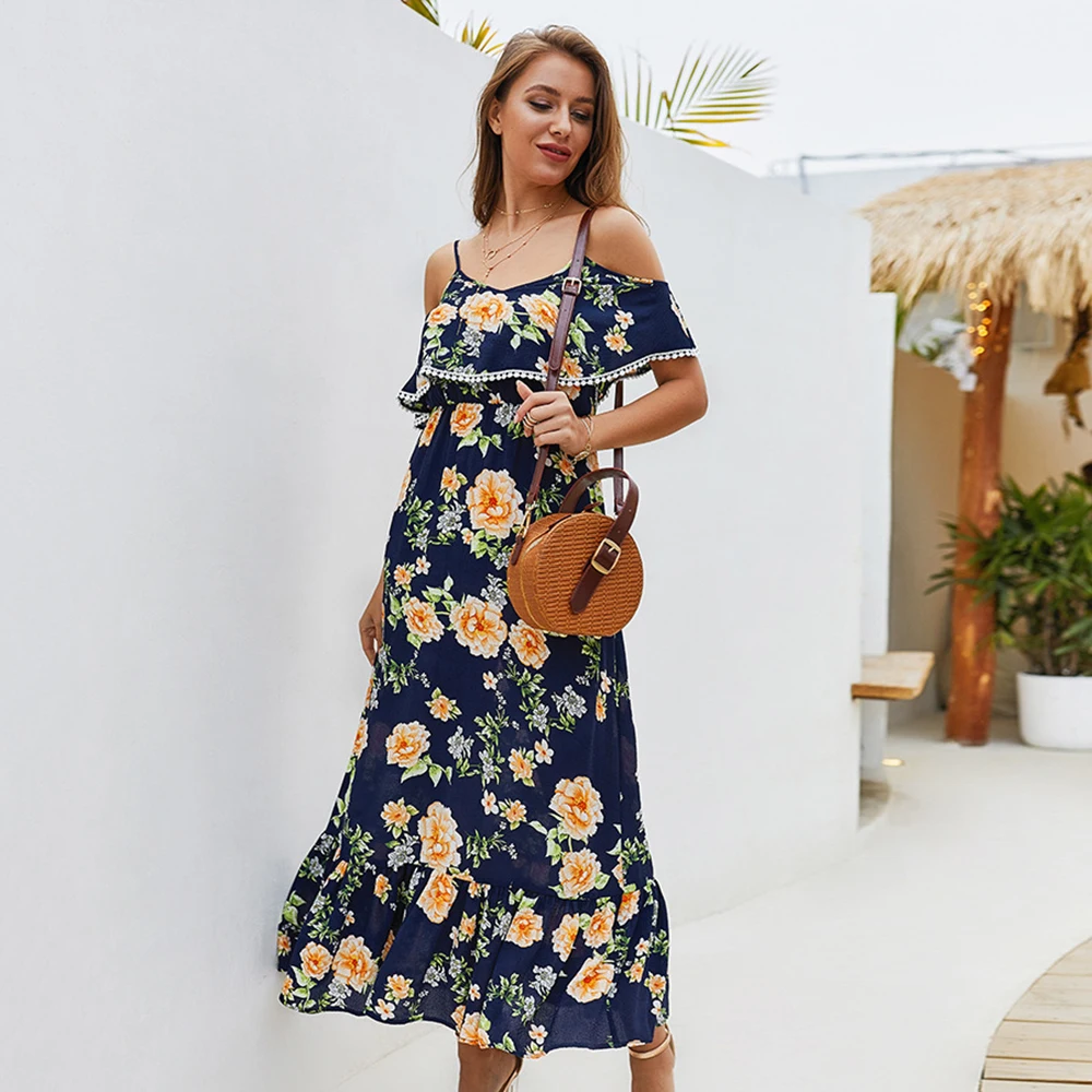 Женское пляжное летнее шифоновое платье с открытыми плечами и цветочным принтом