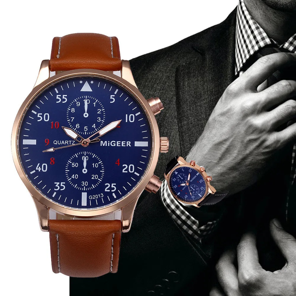 Мужские часы с кожаным ремешком в стиле ретро аналоговые кварцевые наручные из