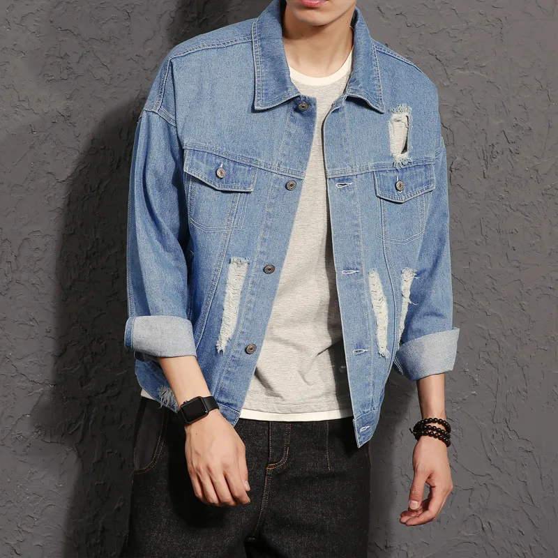 LEDINGSEN новые дизайнерские Синие рваные джинсовые куртки для мужчин Vinage Distressed