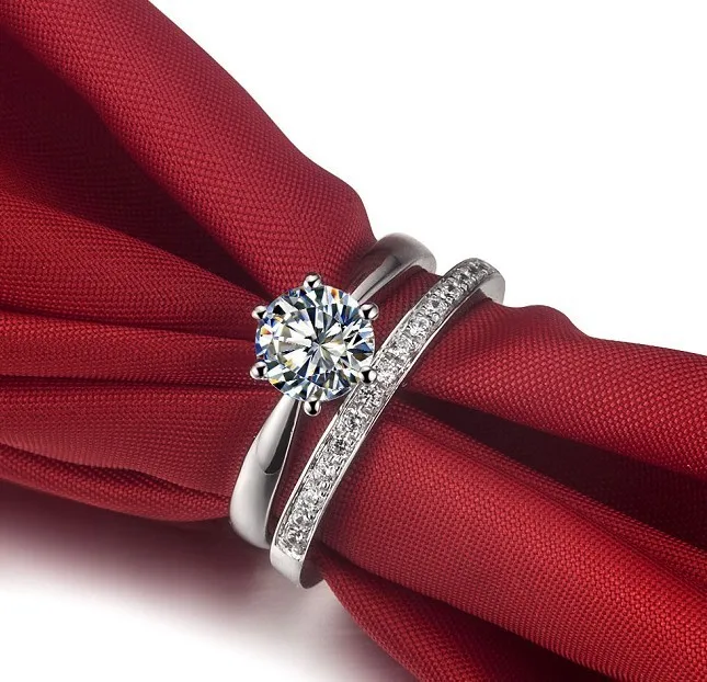 

Solid 925 Sterling Silver Diamond Sets for Women 2Ct Set Rings Engagement Band Ring Two Rings In One Set
