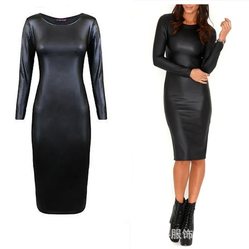Женское сексуальное облегающее платье из искусственной кожи с длинными рукавами