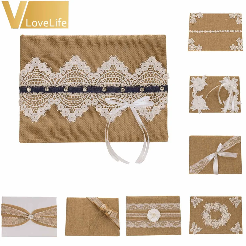 25x16cm Lovely Wedding Guest Book Burlap Lace Bow Flowers for Party Reception Decor Home Favors Gifts | Дом и сад